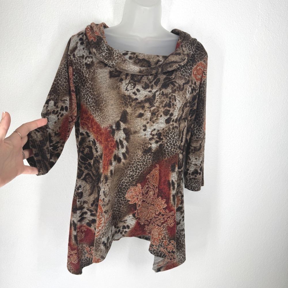 Dressbarn Vintage Leopard Paisley Cowl Neck Asymmetrical Top Size L Whimsigoth